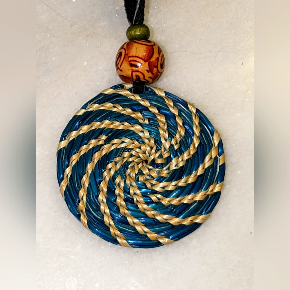 Teal and Beige Swirl Round Boho Necklace With Black Cord and 2 Beads Handmade